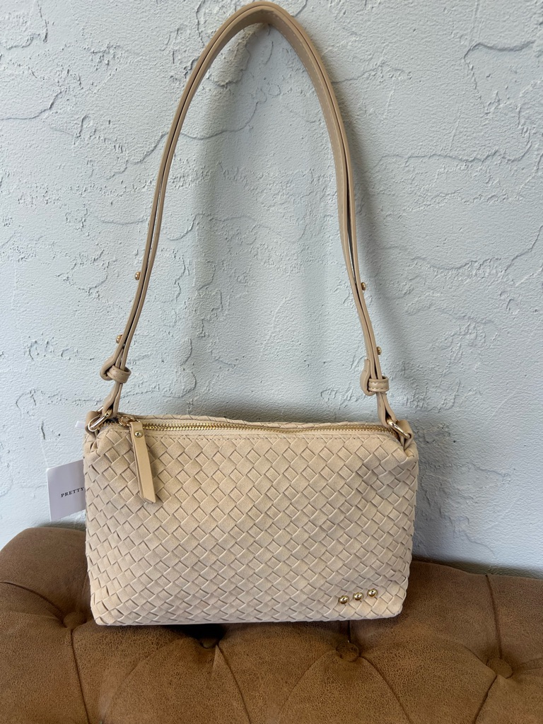 Woven Suede Cream Shoulder Bag With Gold Accent